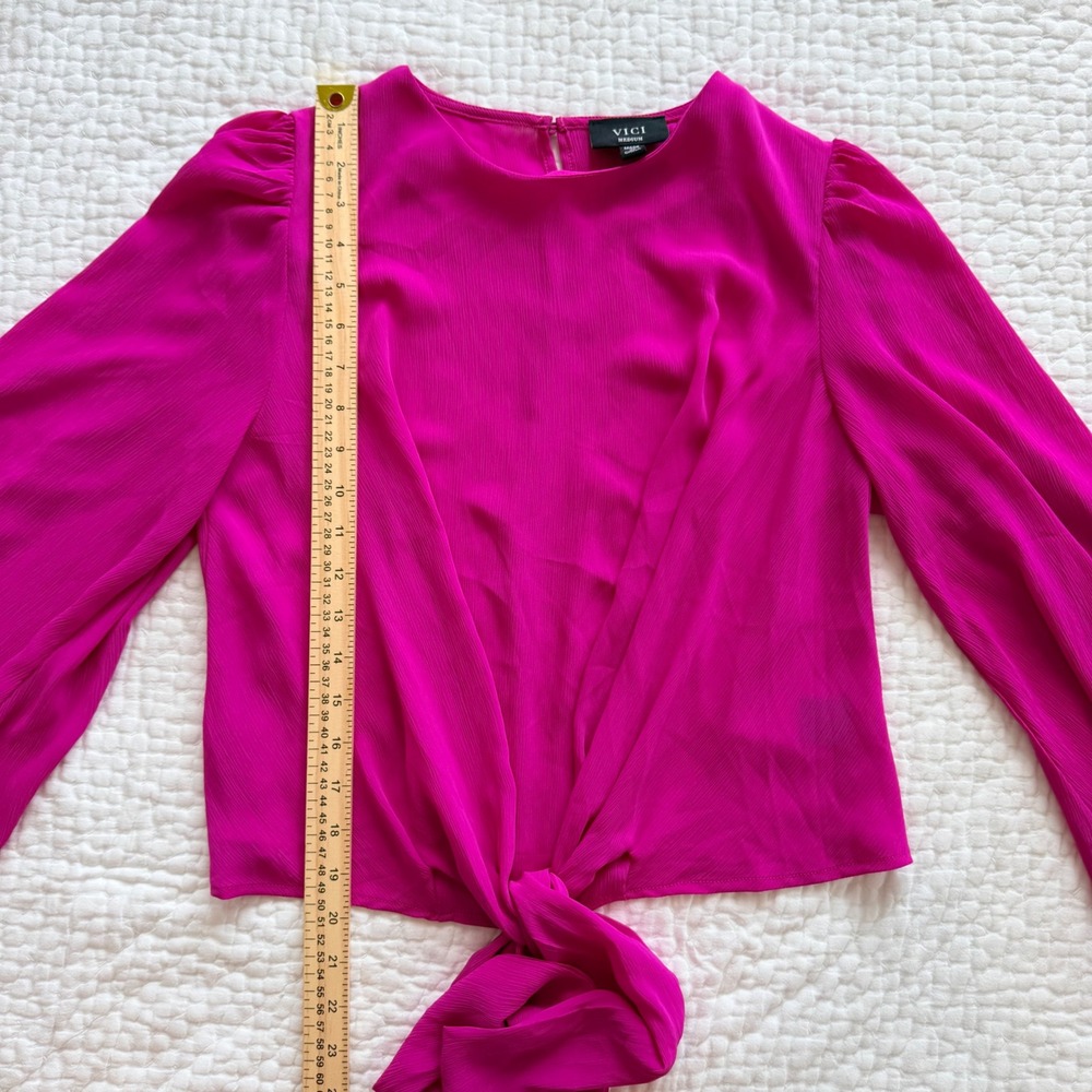VICI Magenta Tie Front Balloon Sleeve Blouse AT1877 Medium Barbiecore Boho Pink - Picture 7 of 10